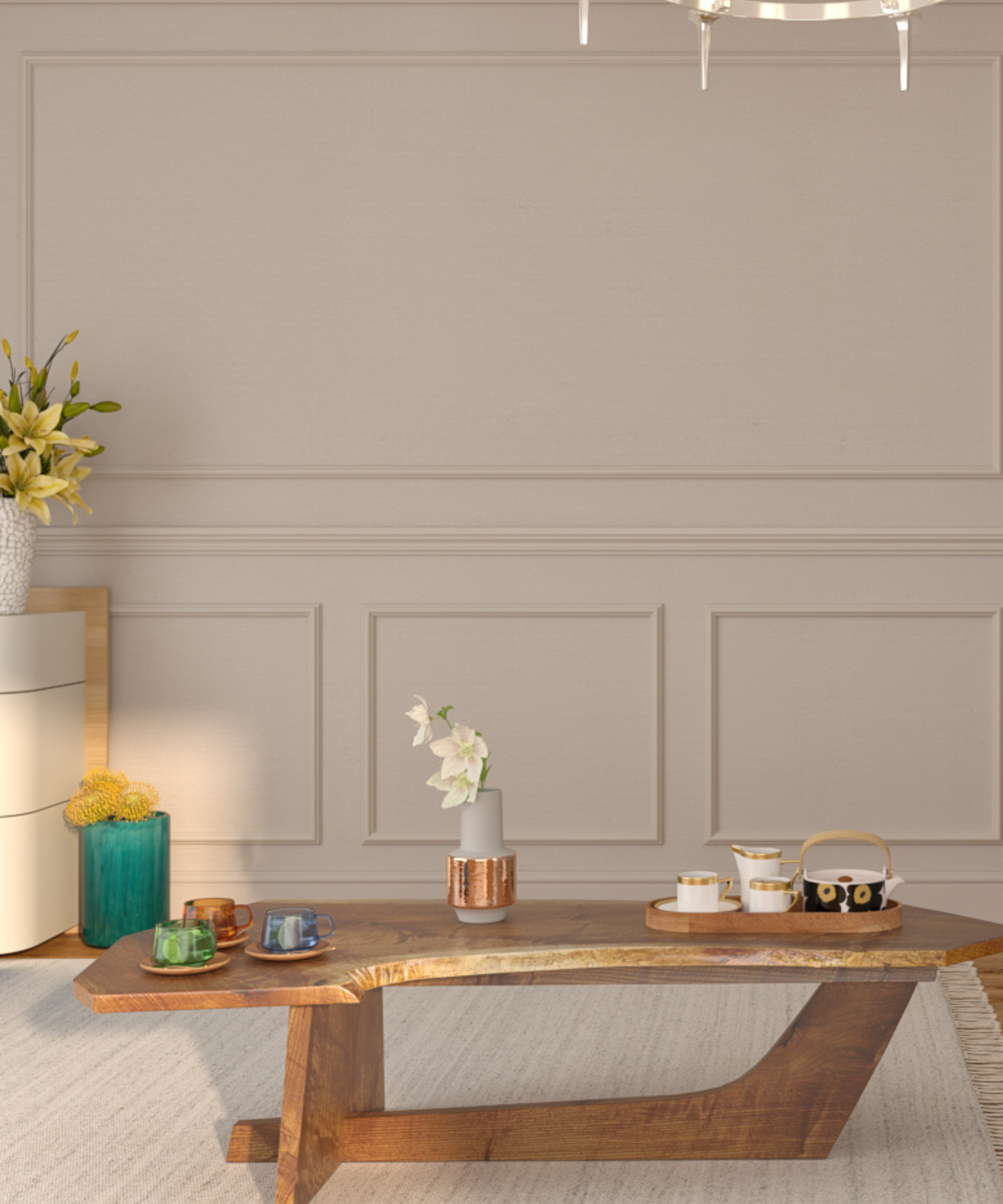 Picture frame moulding with a wooden coffee table in front of it