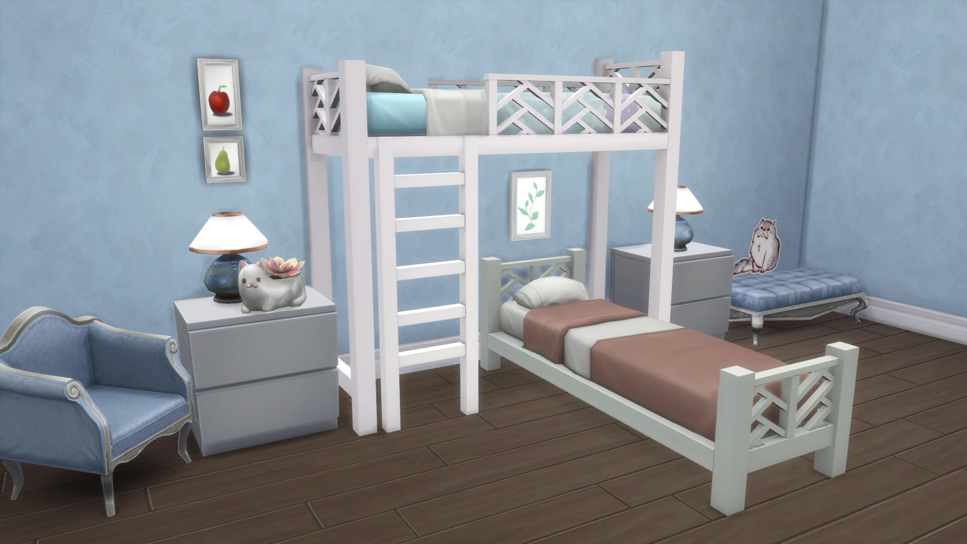 The Sims 4 mod - Ravasheen's bunk beds - A white wooden bunk bed frame with a ladder to the lofted bed and a perpendicular ben beneath.