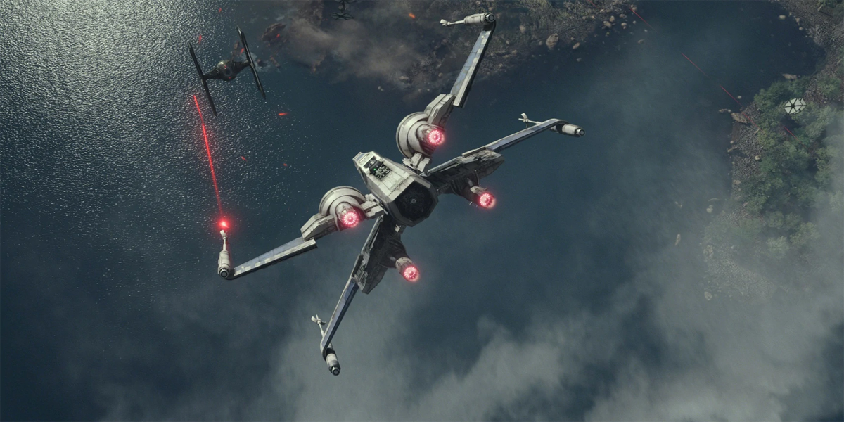 X-wing flies in Star Wars: The Force Awakens