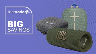Bluetooth speakers from UE, JBL and Tribit next to the words big savings