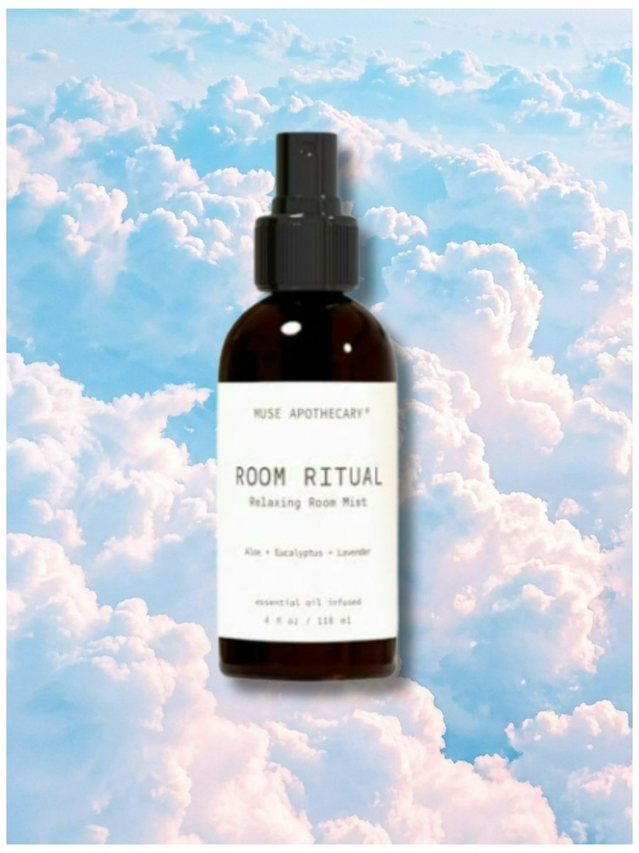 Muse Apothecary, Relaxing Room Mist on a dreamy pastel cloud background.