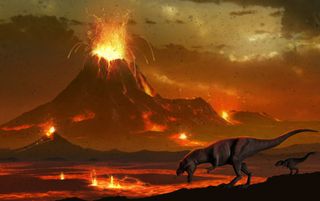 Artwork depicting a pair of tyrannosaur dinosaurs surveying a volcanic landscape. This depicts a scene at the end of the Cretaceous period in Earths history. A massive meteorite has impacted the Earth, causing catastrophic destruction on a global scale. Volcanic eruptions are just one example of the after-effects of the impact. They release poisonous gases that lace the atmosphere with toxins, suffocating wildlife.