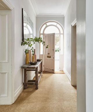 hallway with carpet and pink front door