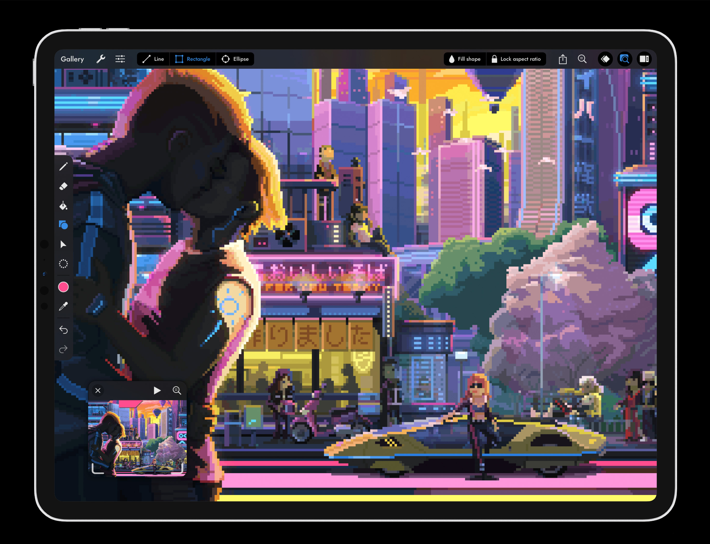 Retro art style; pixel art painting on an iPad