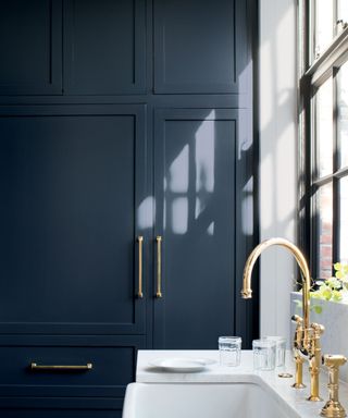 kitchen with navy cabinets, white sink and gold hardware