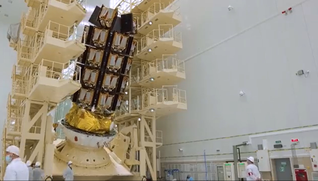 The 36 OneWeb internet satellites of the OneWeb 11 mission are seen in their stacked configuration before being loaded into their payload fairing for launch.