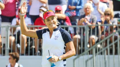 Lexi Thompson waves to the crowd at the 2021 Solheim Cup