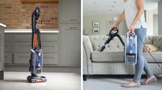 Shark vacuum in kitchen on left, woman vacuuming couch on right