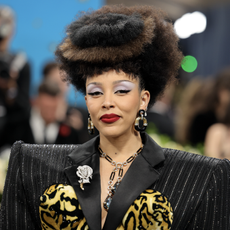 Doja Cat attends the 2025 Met Gala Celebrating "Superfine: Tailoring Black Style" at Metropolitan Museum of Art on May 05, 2025 in New York City in a leopard marc jacobs bodysuit