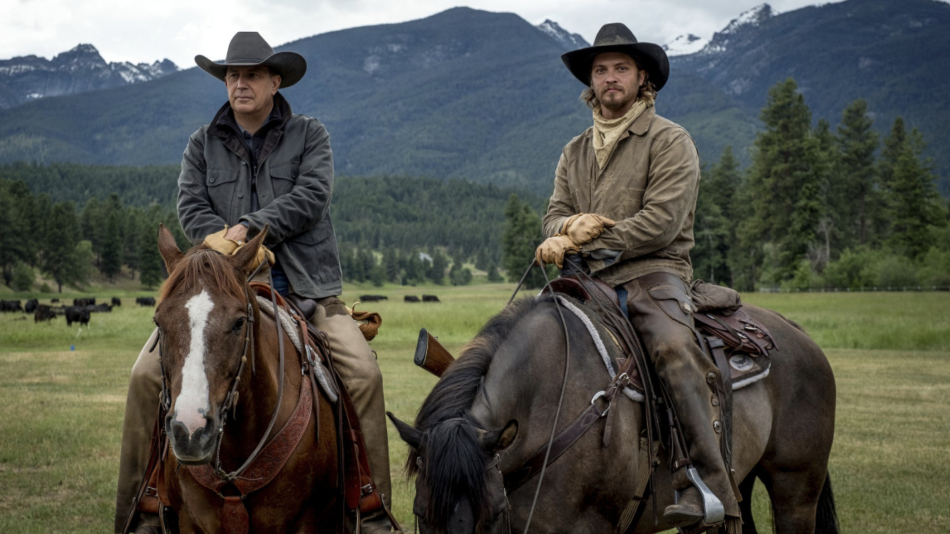 Two cowboys sit on their horses in Yellowstone season 5 episode 3