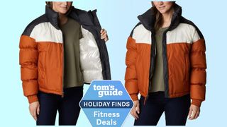 Columbia Pike Lake jacket against blue background with fitness deal stamp