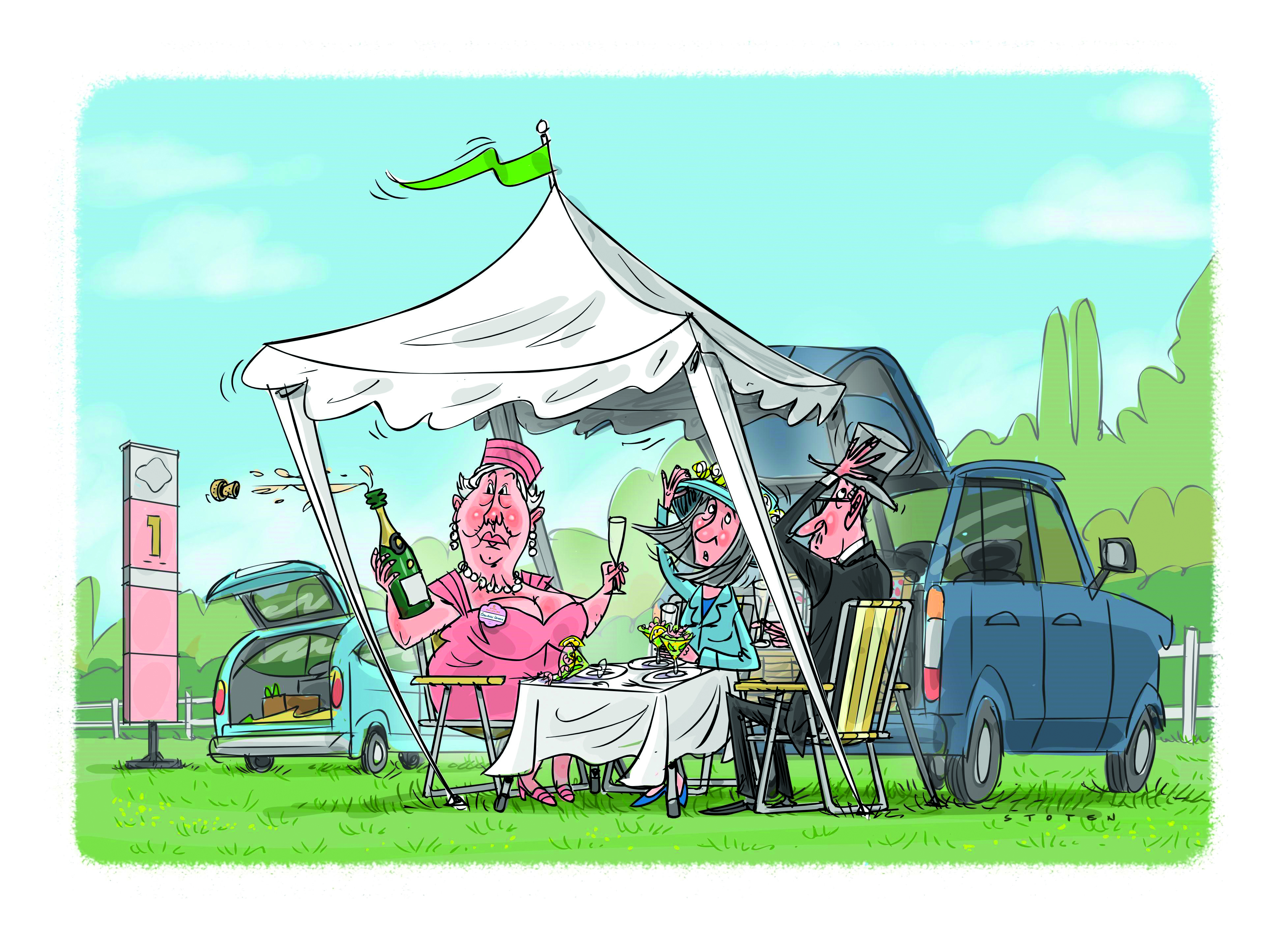 Illustration of a gazebo blowing away in the wind at royal ascot
