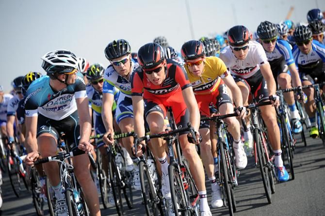 An attentive Brent Bookwalter (BMC) rides at the front of the peloton.