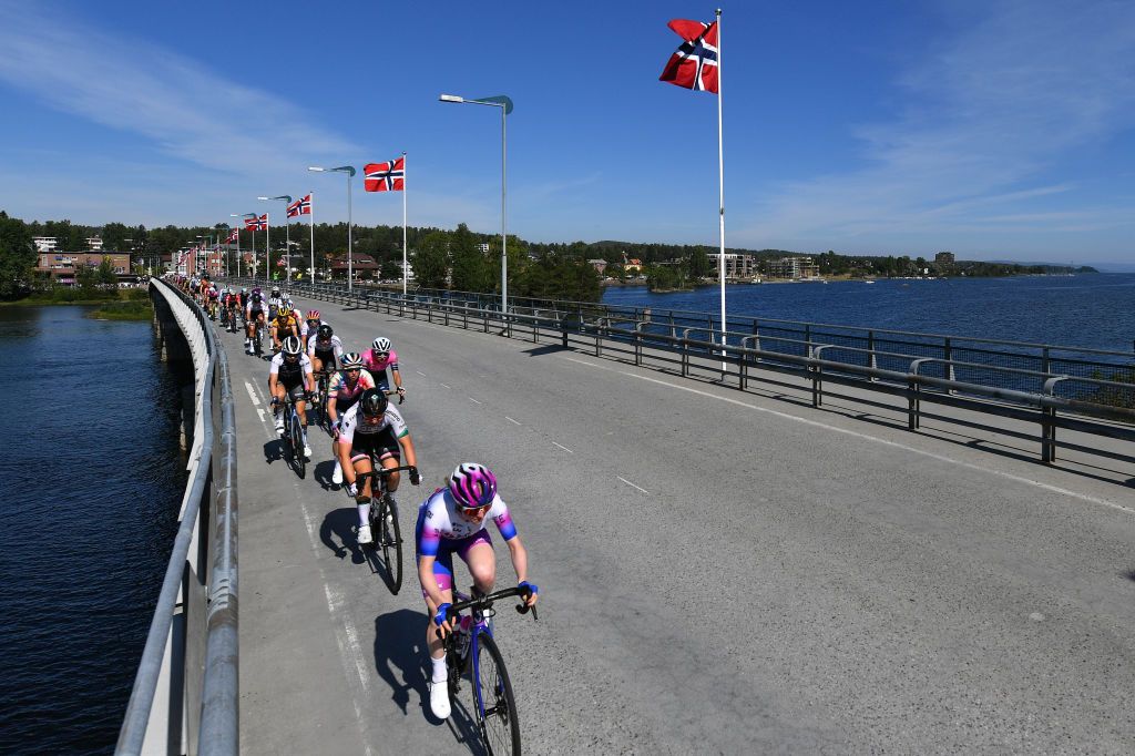 NOREFJELL NORWAY AUGUST 13 Alexandra Manly of Australia and Team BikeExchange Jayco and a general view of the peloton competing during the 8th Tour of Scandinavia 2022 Battle Of The North Stage 5 a 1274km stage from Vikersund to Norefjell 791m UCIWWT tourofscandinavia TOSC22 on August 13 2022 in Norefjell Norway Photo by Luc ClaessenGetty Images