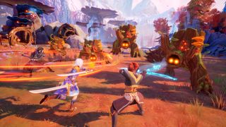 Promotional screenshot of heroes fighting tree monsters in Edge of Memories.