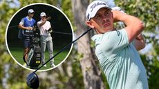 Grant Forrest in the finish position with driver watching his golf ball travel with an inset image of Grant Forrest discussing strategy and preparing for his next shot with his caddie in a DP World Tour event