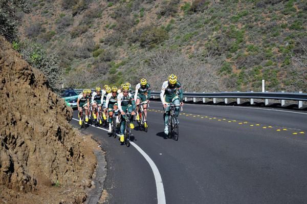 Kelly Benefit Strategies team members tackle an ascent as they near the stage 8 Tour of California circuit.
