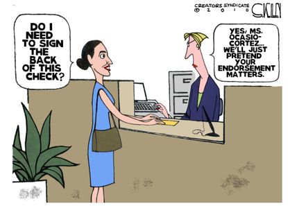 Political cartoon U.S. Alexandria Ocasio-Cortez endorsement midterms