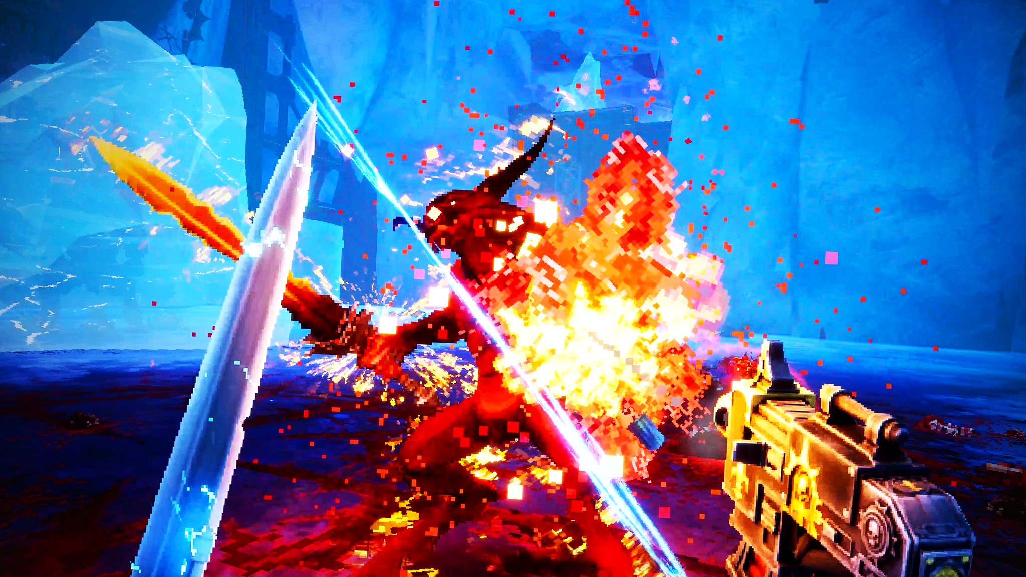 Edited screenshot of a Sister of Battle blasting a Daemon in Warhammer 40,000: Boltgun 2