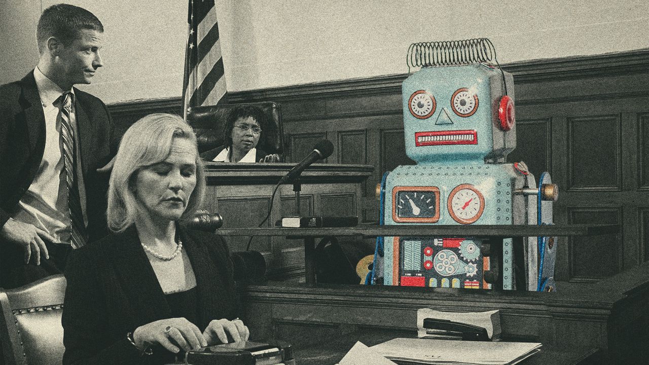 Photo collage of a tense courtroom scene, with a children&#039;s tin robot sitting in the witness box. 