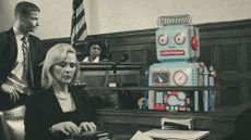 Photo collage of a tense courtroom scene, with a children's tin robot sitting in the witness box. 