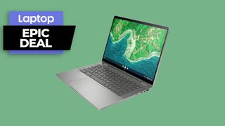 HP Chromebook x360 2-in-1 laptop in silver against green background