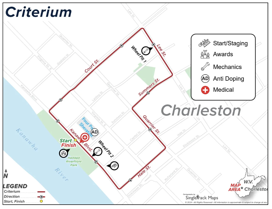 Map of criterium course in Charleston, West Virginia for all divisions at 2024 USA Cycling Pro Road National Championships