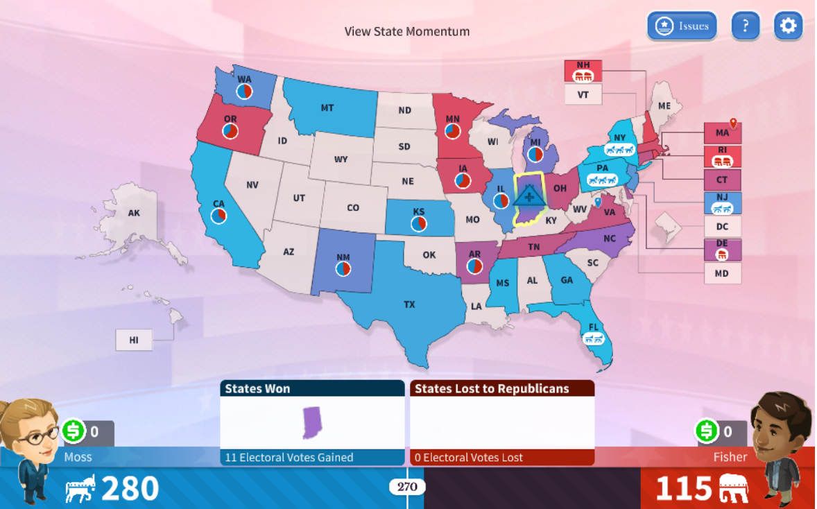 iCivics screenshot showing electoral map of U.S.