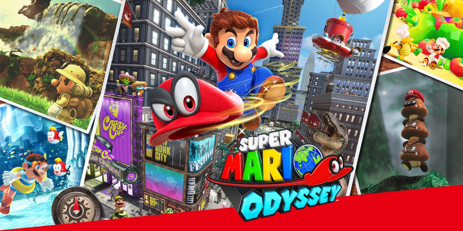 cover art of Super Mario Odyssey with the Super Mario Odyssey in the bottom right corner and Mario throwing his hat in the centre of the screen against a city background