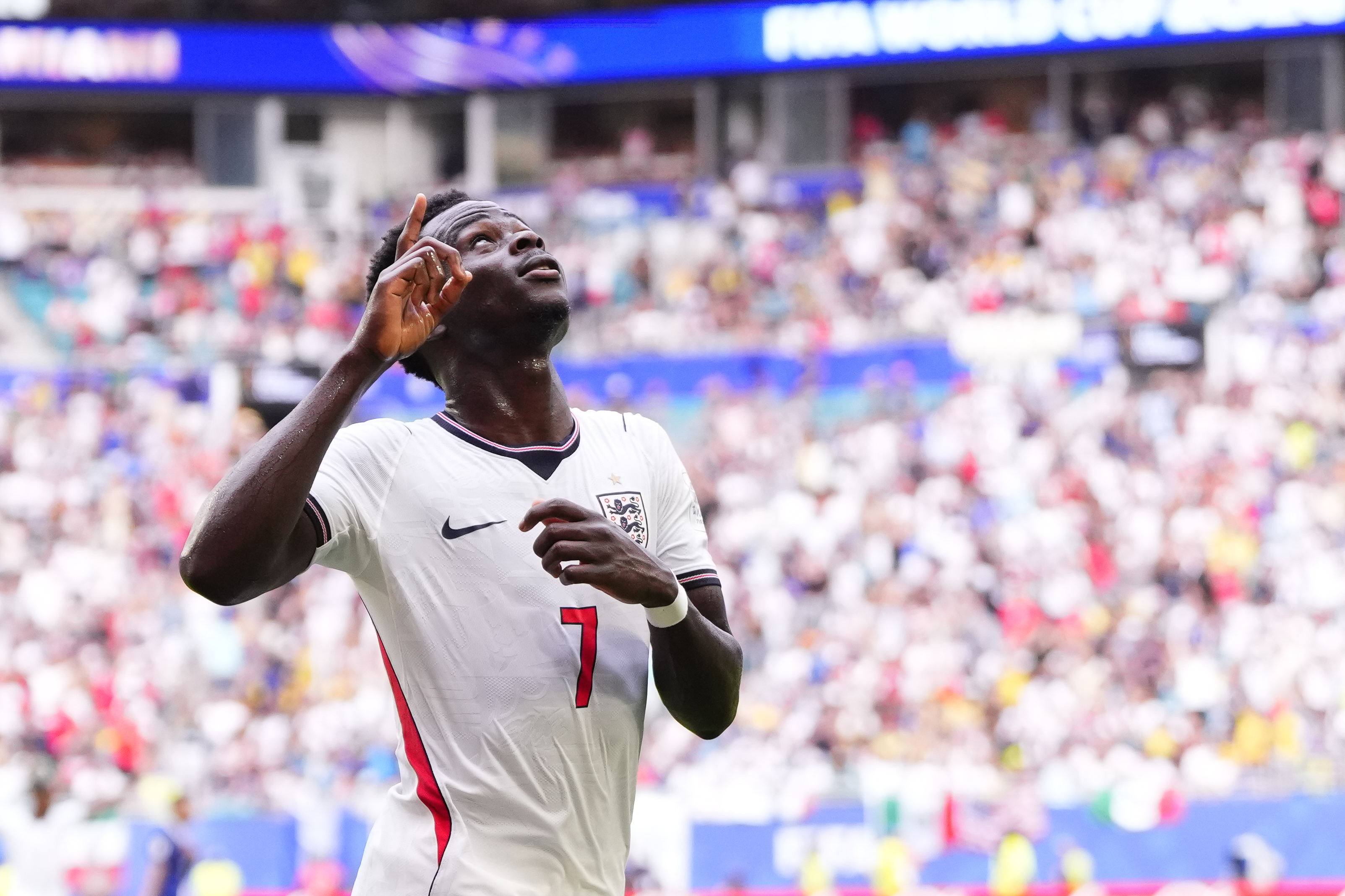 MIAMI GARDENS, FLORIDA - JULY 18: Bukayo Saka of England celebrates after scoring his team&amp;amp;apos;s fourth goal during the FIFA World Cup 2026 Bronze Medal Match match between France and England