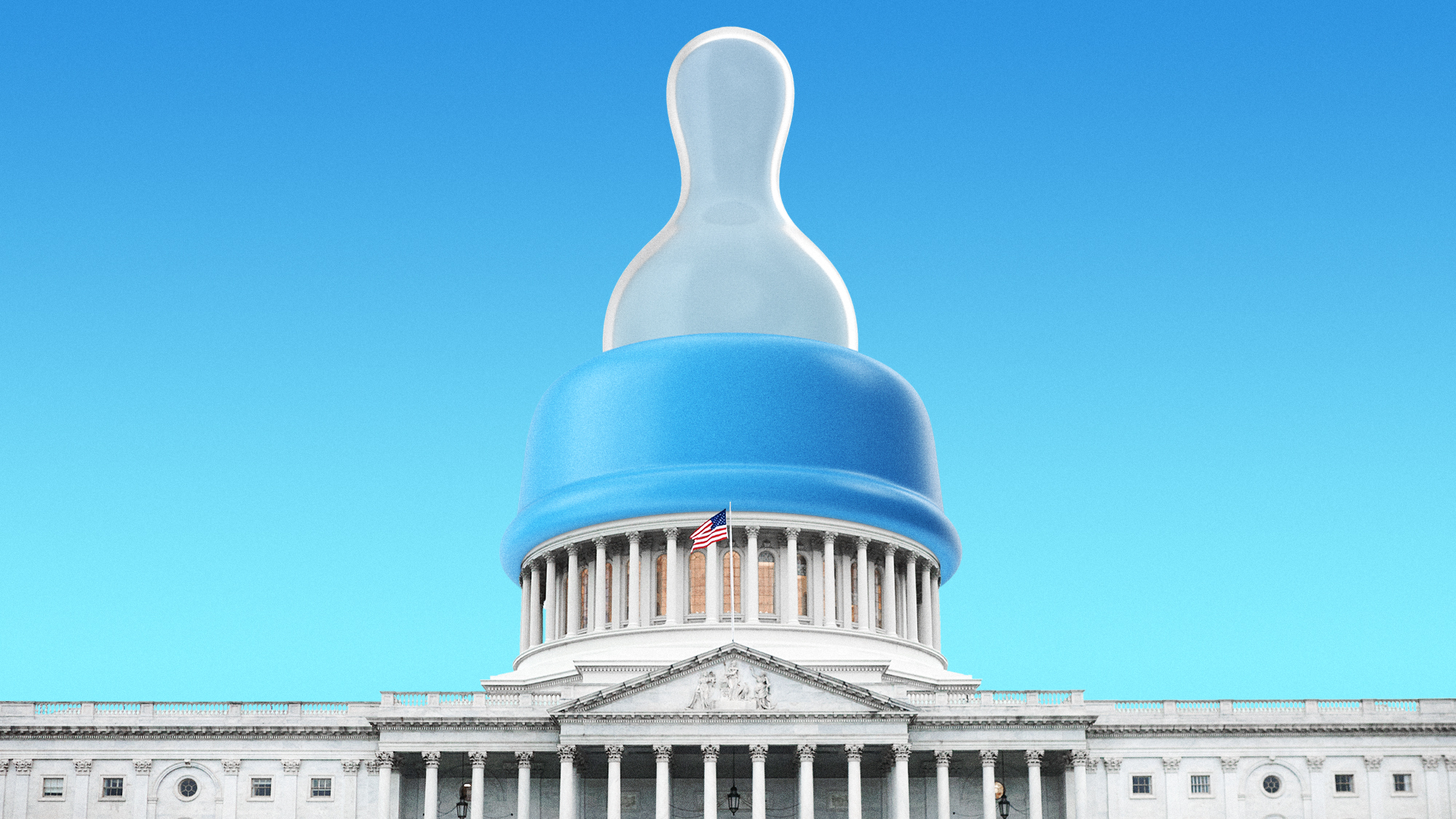Photo composite illustration of the US Capitol dome topped with a baby bottle nipple