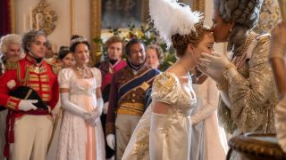 Queen Charlotte kissing the top of Daphne's head during her debut.