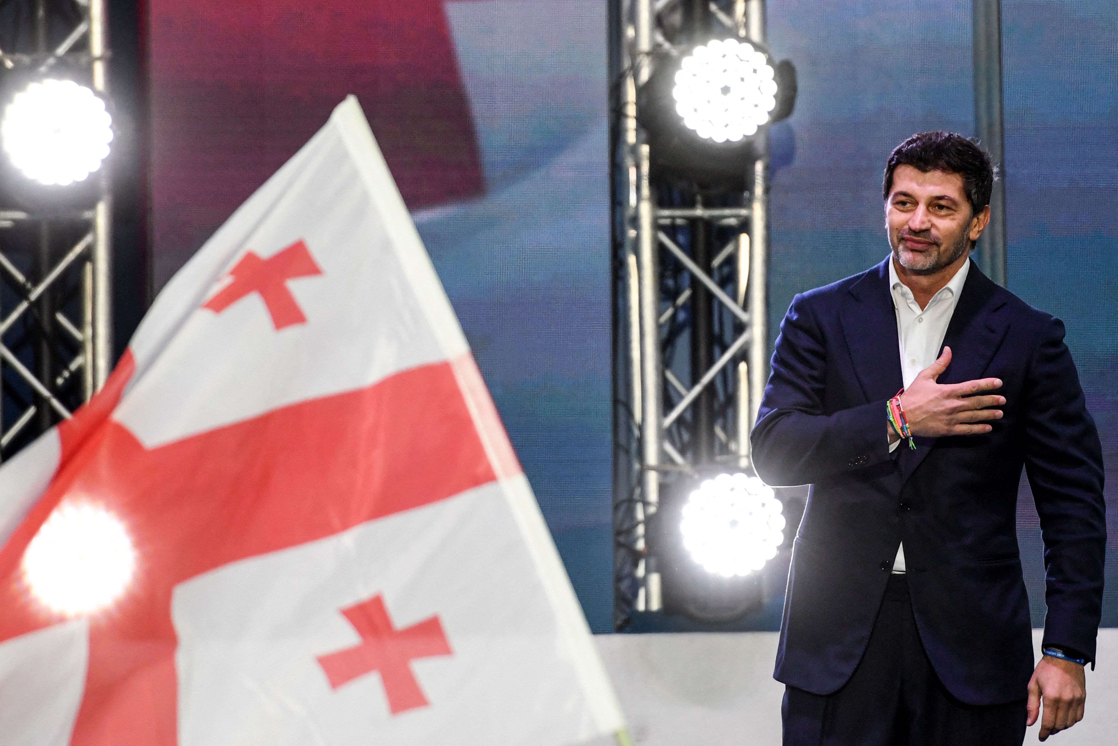 Former footballer Kakha Kaladze reacts during a political rally in Georgia in 2021.