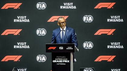 Rwanda de facto leader Paul Kagame speaks at the announcement of the African Grand Prix in Rwanda in the early 2030s