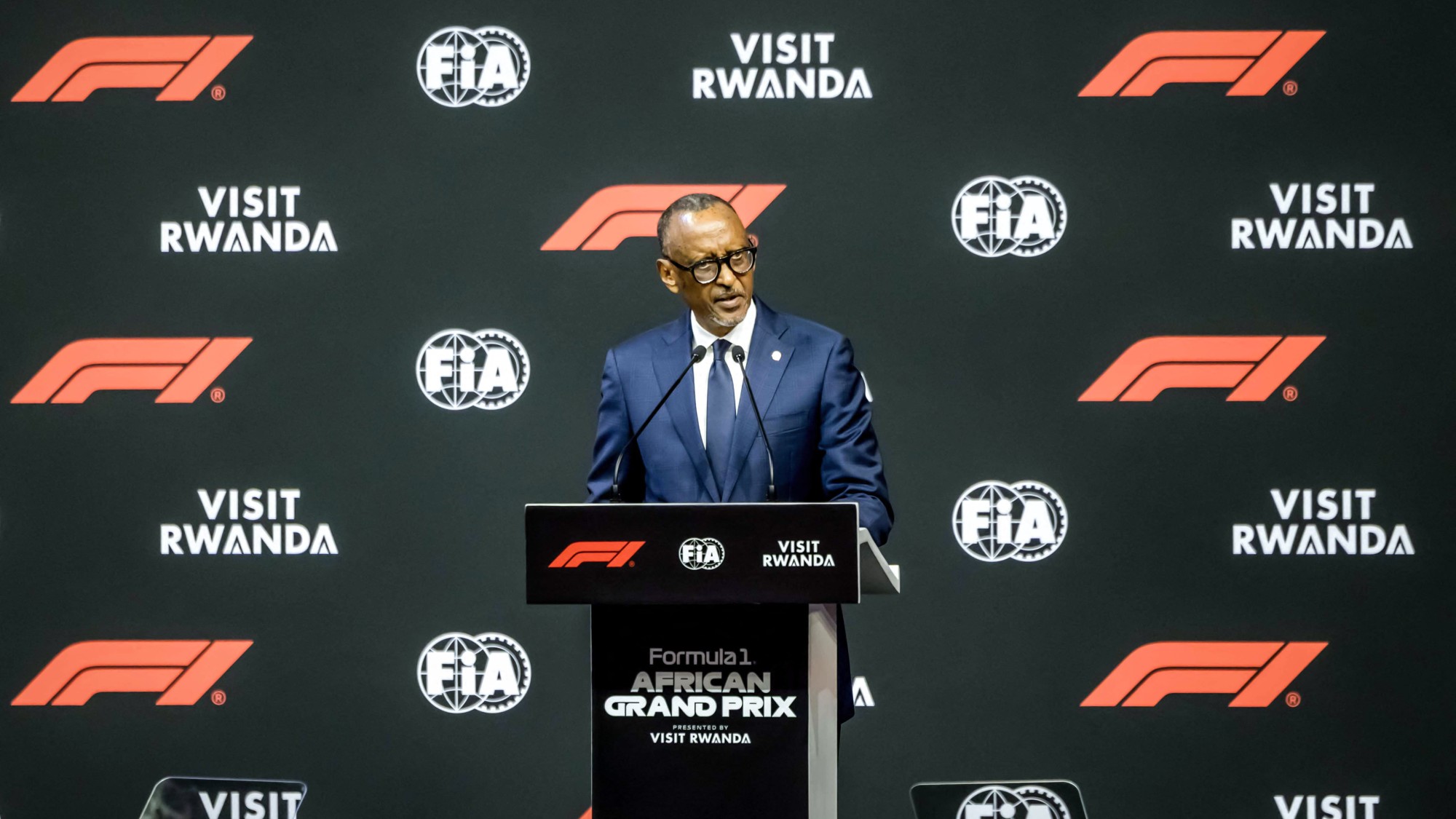 Rwanda de facto leader Paul Kagame speaks at the announcement of the African Grand Prix in Rwanda in the early 2030s