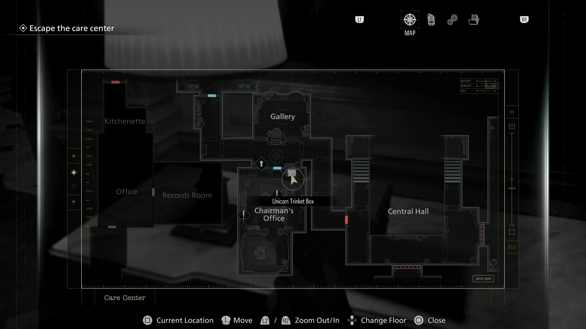 Resident Evil Requiem map showing the location of the unicorn trinket box in the chairman's office