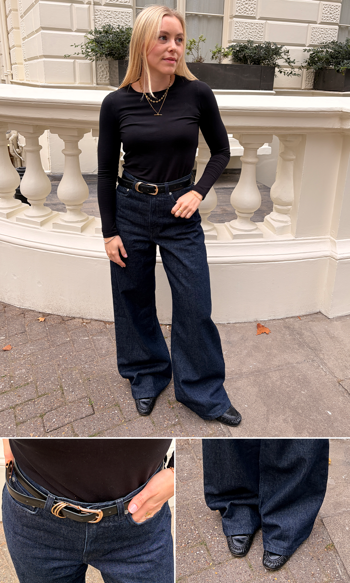 Woman wears black top, blue jeans and black belt