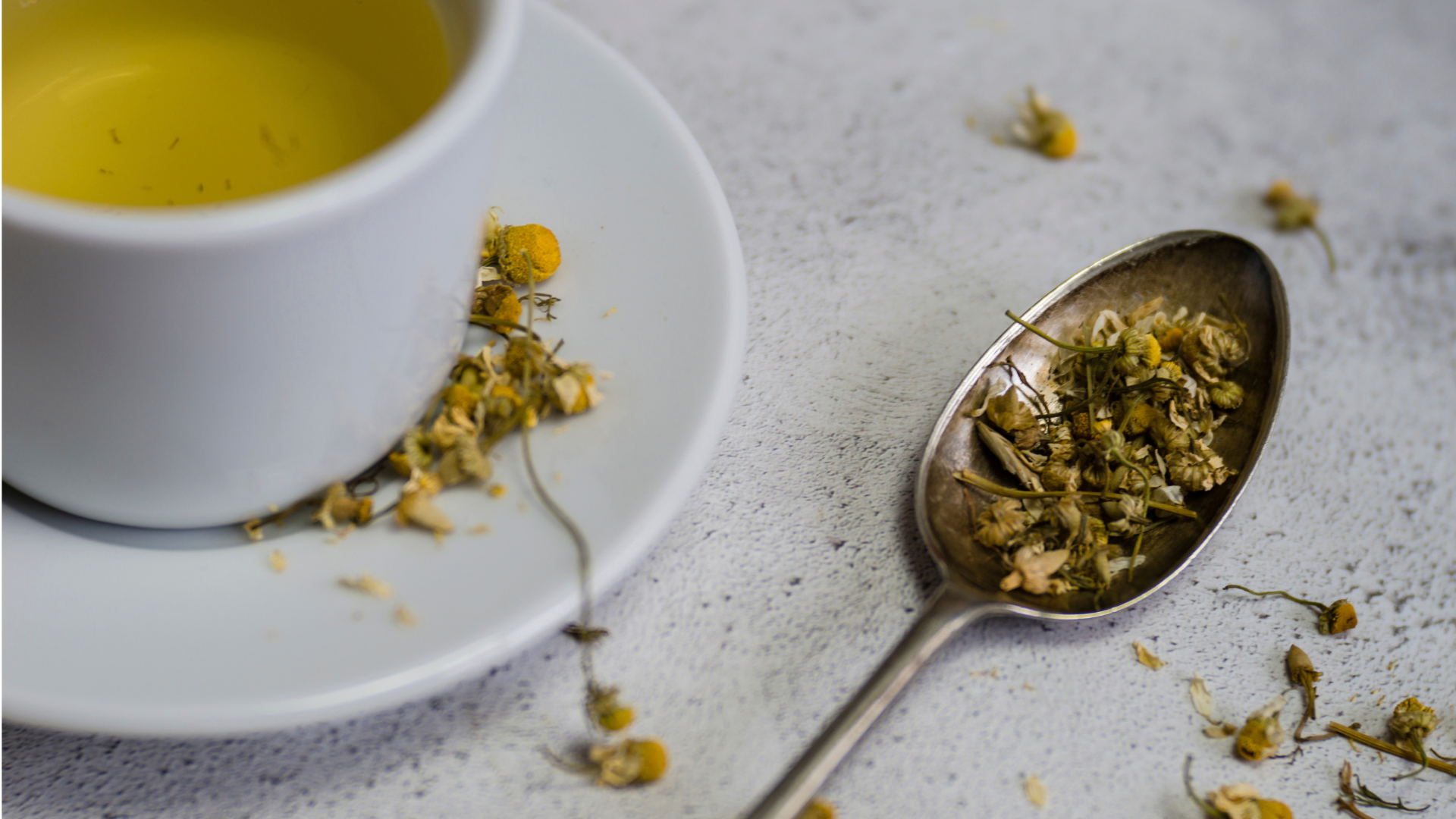 A cup of chamomile tea on a saucer with a spoon next to it containing dried chamomile.
