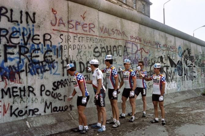 The Spanish Teka team poses at the now-demolished Berlin Wall before the 1987 Tour de France started there.