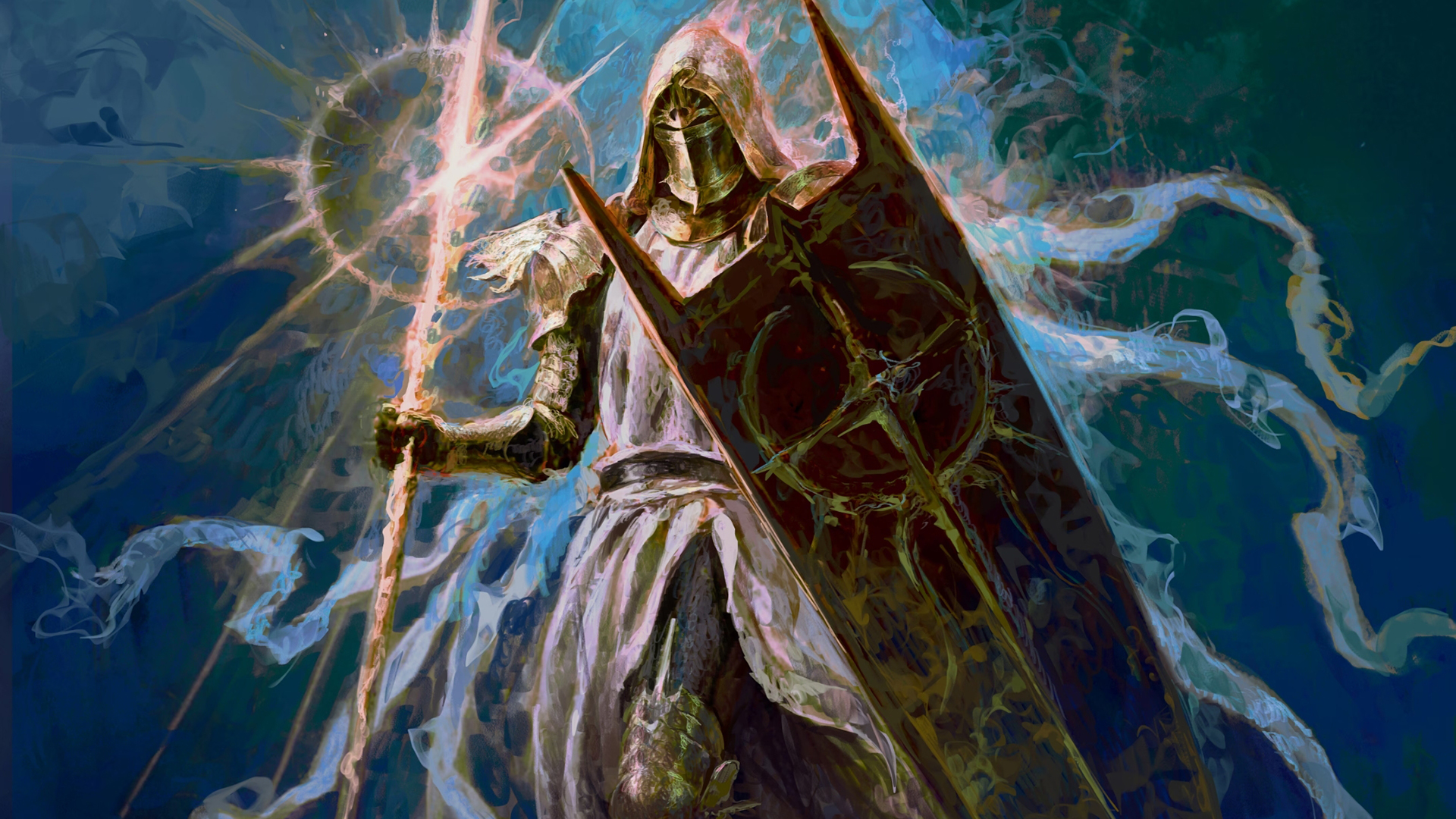 Diablo 4 promotional art showing an armored humanoid with a shield and full face helmet, scepter in hand.