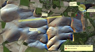 The red circles mark the spots where archaeologists found satellite shrines around Stonehenge.