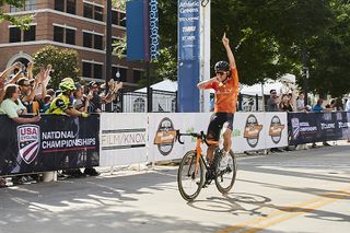 Joey Rosskopf (Rally Cycling) throws his hand in air after claiming victory at the men's elite road race at the USA Cycling Pro Road Championships 2021