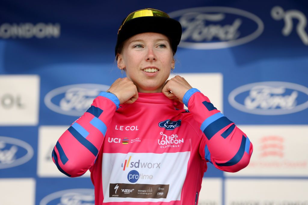 COLCHESTER ENGLAND MAY 24 Lorena Wiebes of The Netherlands and Team SD WorxProtime celebrates at podium as Pink Sprint Jersey winner during the 10th Ford RideLondon Classique 2024 Stage 1 a 1592km stage from Saffron Walden to Colchester UCIWWT on May 24 2024 in Colchester England Photo by Alex BroadwayGetty Images