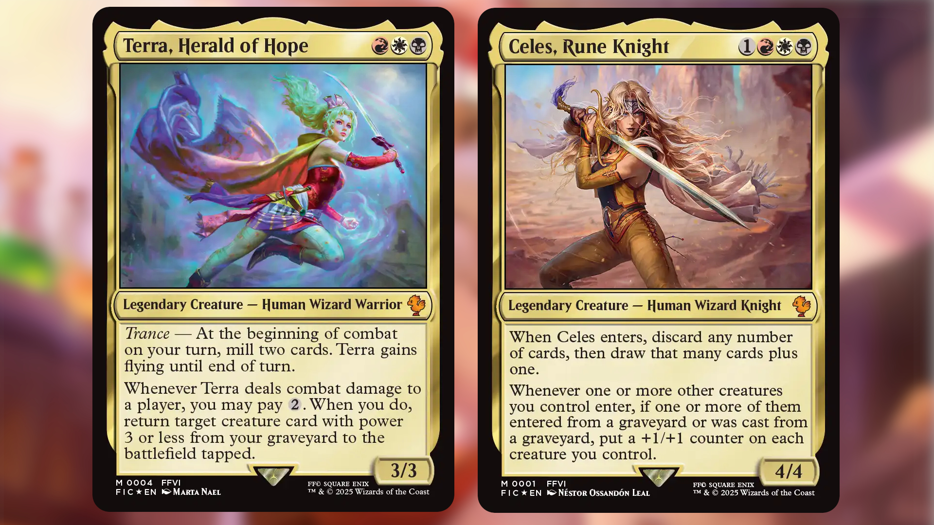 Terra and Celes MTG Commander cards on a colorful background