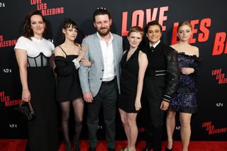 Jena Malone, Kristen Stewart, Oliver Kassman, writer/director Rose Glass, Katy O’Brian and Anna Baryshnikov seen at the Los Angeles Premiere of A24's 'Love Lies Bleeding.'