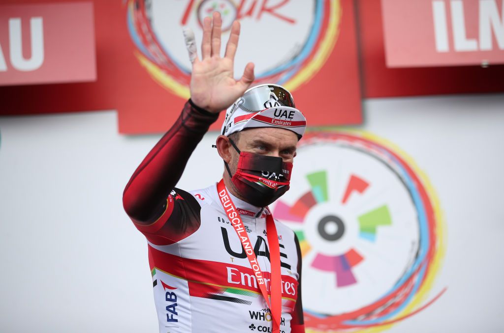 ILMENAU GERMANY AUGUST 27 Alexander Kristoff of Norway and UAE Team Emirates celebrates winning the stage winner on the podium ceremony after the 35th Deutschland Tour 2021 Stage 2 a 1806km stage from Sangerhausen to Ilmenau DeineTour on August 27 2021 in Ilmenau Germany Photo by Christian KasparBartkeGetty Images
