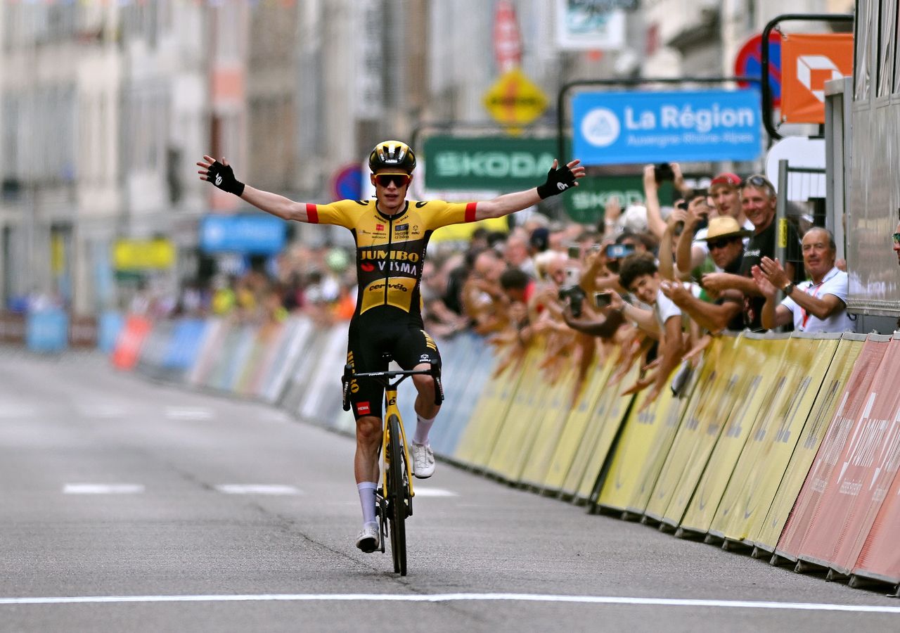 SALINS-LES-BAINS - JUNE 08: Jonas Vingegaard of Denmark and Team Jumbo-Visma celebrates at finish line as stage winner during the 75th Criterium du Dauphine 2023, Stage 5 a 191.1km stage from Cormoranche-sur-Sa&Atilde;&acute;ne to Salins-les-Bains / #UCIWT / on June 08, 2023 in Salins-les-Bains, France. (Photo by Dario Belingheri/Getty Images)