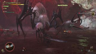 The spider-like Lala Barina approaches the Hunter in Monster Hunter Wilds, who is readying a larger sword attack