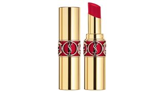 Yves Saint Laurent Rouge Volupte Shine Lipstick in 83 Rouge Cape in gorgeous gold packaging