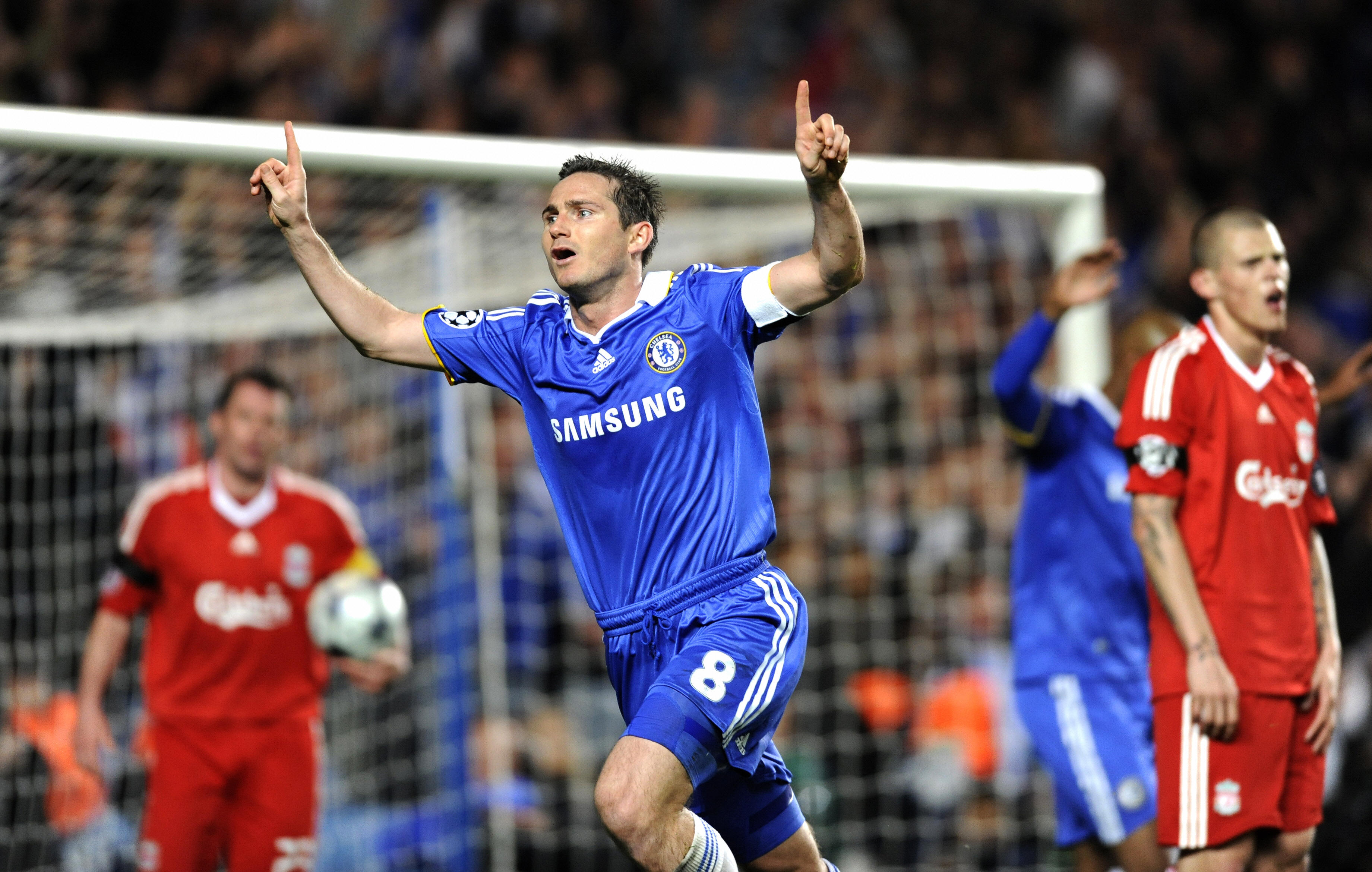 Frank Lampard celebrates after scoring for Chelsea against Liverpool in the Champions League in April 2009.